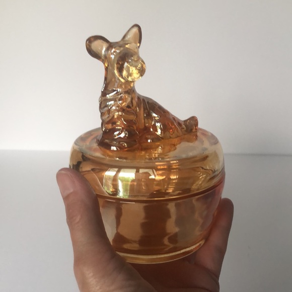 Jeanette Glass Iridescent Marigold Glass Scottie Dog Trinket Jar - Picture 2 of 13